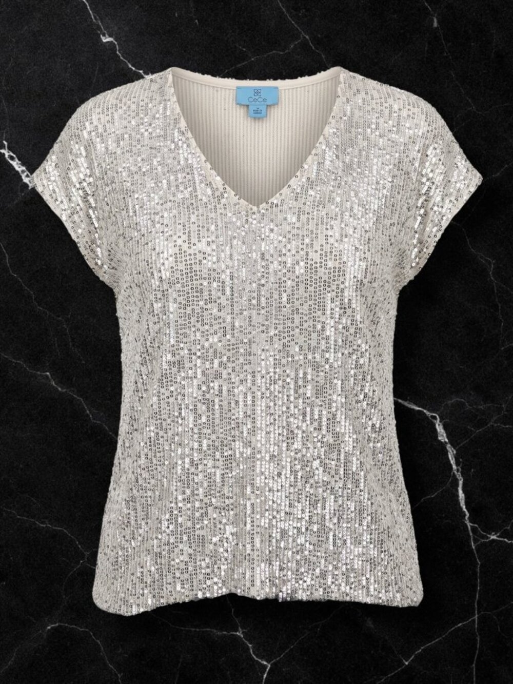 CeCe Silver Sequin V-Neck Cap Sleeve Sparkle Party Top Medium